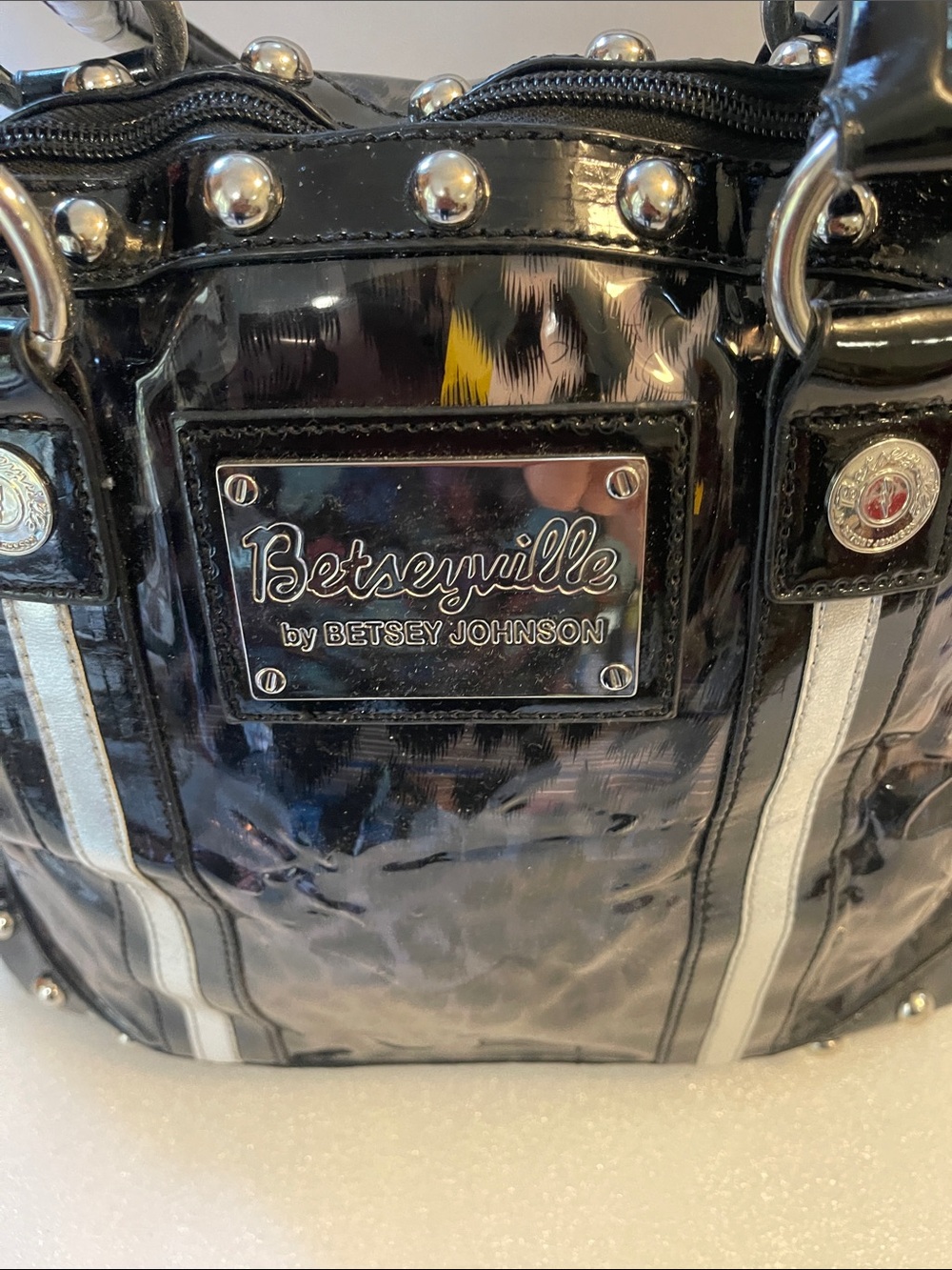 Betsey Johnson Black Patent Satchel with Silver Accents Betseyville - Picture 2 of 16